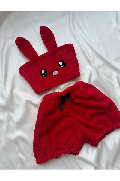 EDLİNGERİE Red Plush Wellsoft Shorts Bustier Pajama Set
