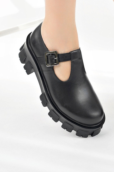 GRADA Kadın Hakiki Deri T Bantlı Siyah Mary Jane Ayakkabı Kalın Tabanlı Deri T Bant Mary Jane Ayakkabısı