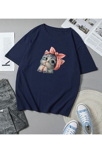 BYMEER Μπλουζάκι Navy Blue Cute Little Cat με στάμπα Oversize