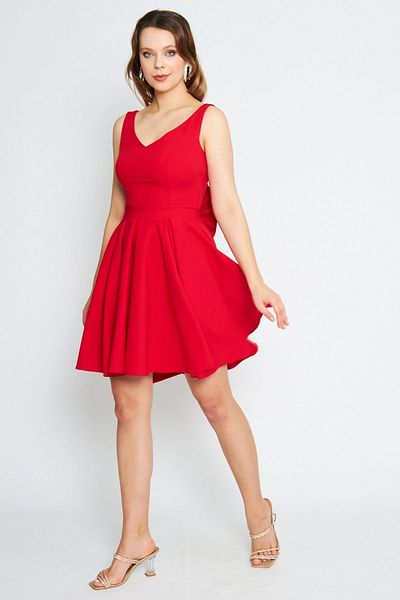 Bidoluelbise Women's Back Bow Ornamental Buttoned V-Neck Pleated Mini Flared Red Evening Dress