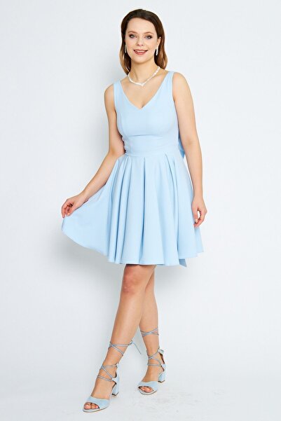 Bidoluelbise Γυναικείο βραδινό φόρεμα με φιόγκο στο πίσω μέρος με κουμπιά με πλισέ μίνι φόρεμα μπλε μωρό