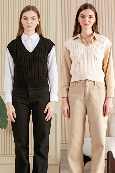 KISCHE Чорно-кремовий жіночий светр з V-подібним вирізом і плетеним візерунко...