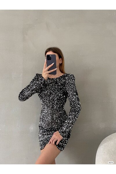 dükkan10butika Kadın Uzun Kollu Pulpayet Kumaş Sırt Dekolteli Dar Kalıp Kısa Abiye Gümüş