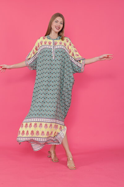 mervemoda Γυναικείο υφαντό φόρεμα με λαιμόκοψη μπροστά με νυχτερίδα με σχίσιμο μανίκι