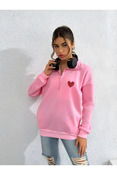 Jooy Company Half Zippered Heart Printed Pink Women's Sweatshirt