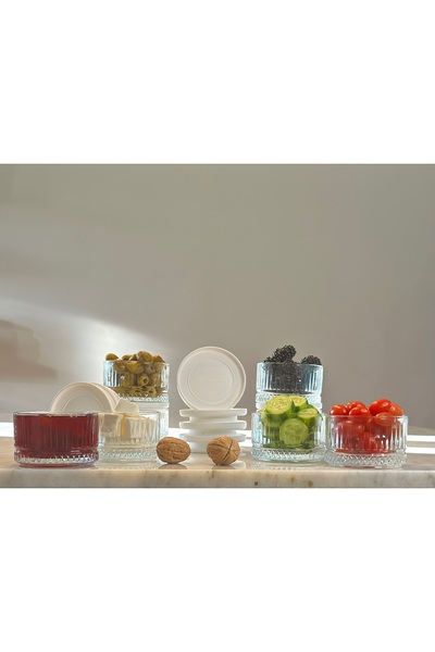 VERKFİ 8'li Beyaz Vakum Kapaklı Çok Amaçlı Cam Kahvaltılık Çerezlik Elysia Model