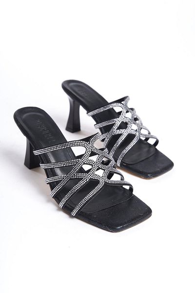 bescobel Women's Retma Black Stone Detailed 8 cm Heel Slippers 208