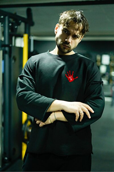 Oxlade Hanorac negru cu mânecă lungă TalkToMe, cu decolteu rotund