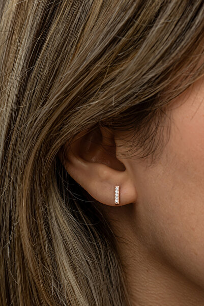 Nereze 925 Ayar Gümüş Rose Kaplama Minimal Çubuk Küpe