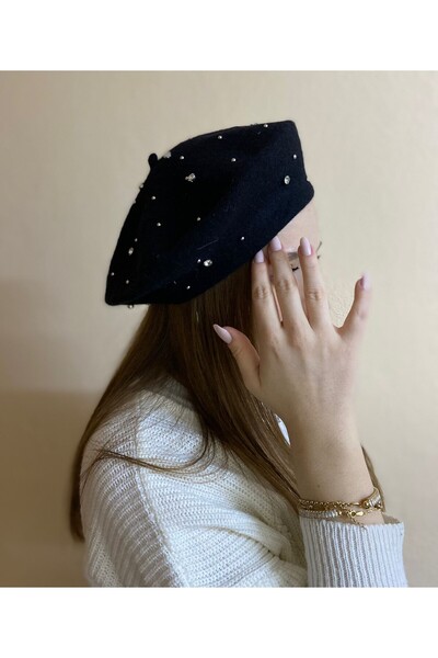 sema aksesuar Siyah Renk Üzeri Zirkon Taşlı Yünlü Ressam Bere - Şapka - Tasarım - Sevgililer Günü Hediyesi
