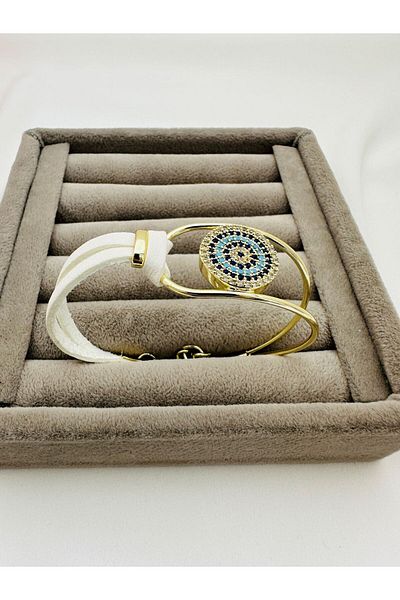 Ezgili Takı LEATHERED EVIL EYE BEADED ZIRCON BRACELET