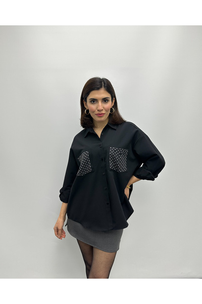 deqfashion Cep Taş Detaylı Poplin Gömlek