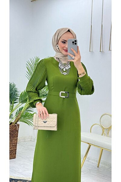 FIRSTESLEM Kadın Kolu Pliseli Dubai Krep Kumaş Hadise Elbise