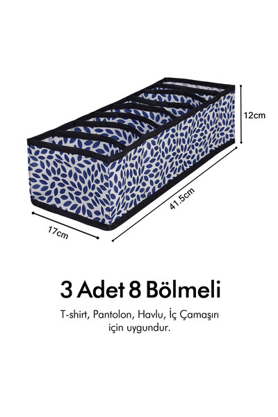 REKHOME Set de 3 dulapuri cu 8 compartimente, albastru bleumarin, sertar, organizator pliabil pentru rufe