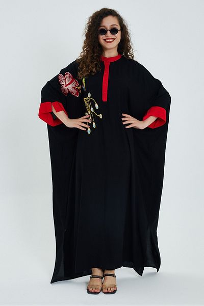 Eceyaman moda Women's black flower embroidery Battal plus size dress