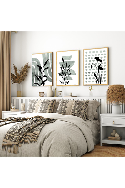 Dekorsiahome Set de 3 tablouri cu rame din lemn, frunze verzi