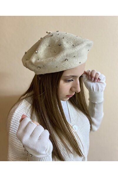 sema aksesuar Zircon Stone Wool Painter Beret and Cut Fingers Fingerless Gloves Set - Valentine's Day Gift
