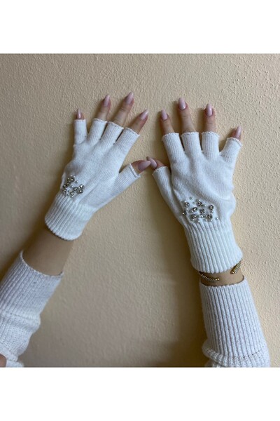 sema aksesuar Ecru Color Zircon Stones and Pearls Cut Fingers Gloves - Fingerless - Valentine's Day Gift
