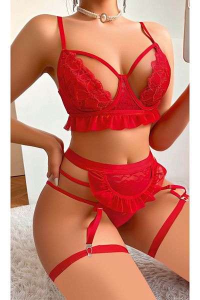 Veille Set jartieră sexy burgundy - cămașă de noapte cu lanț și chiloți sutien, erotic și bdsm