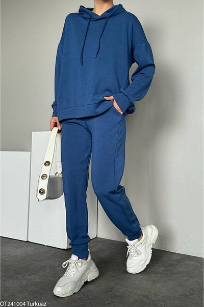 Liora Women's Turquoise Modal Brand Model Fabric Hooded Sweat Tracksuit Set