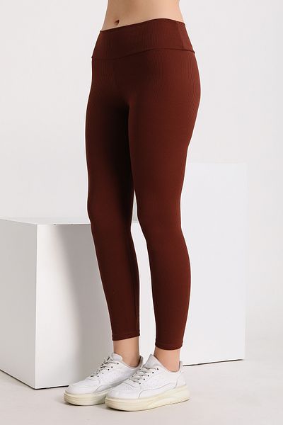 BANEGA Curve Plus Size Ribbed Raster Leggings de iarnă maro cu talie înaltă pentru femei