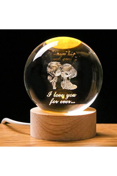 Busstier Dekoratif Cam Küre Gece Lambası - USB Girişli, Ahşap Altlıklı, Işıkl...