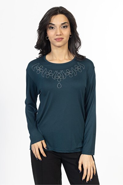 Mutlu City موديل جديد بلوزة من القطن الممشط برقبة دائرية ومطرزة بالأحجار 6435