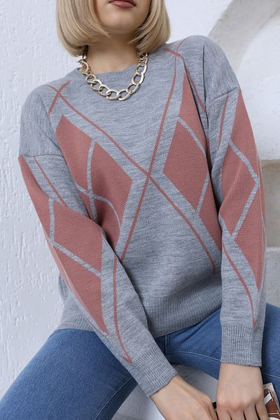 VEGENZE Pulover oversize din tricotaje de damă, gri, trandafir uscat, cu model diamant