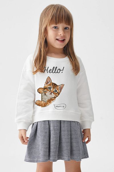 ADABEBEK طقم تنورة منقوشة مربعة الشكل بطبعة Hello Cat العضوية