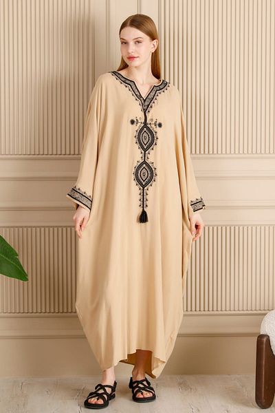 Eceyaman moda women's beige battal plus size dress with embroidery detail on the chest and sleeves