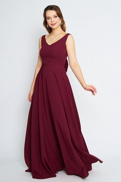 Bidoluelbise Women's Back Bow Ornamental Buttoned V-Neck Maxi Flared Burgundy Evening Dress