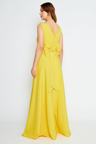 Bidoluelbise Women's Back Bow Ornamental Buttoned V-Neck Maxi Flared Yellow Evening Dress