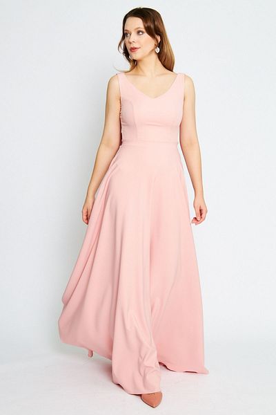 Bidoluelbise Women's Back Bow Ornamental Buttoned V-Neck Maxi Flared Powder Evening Dress