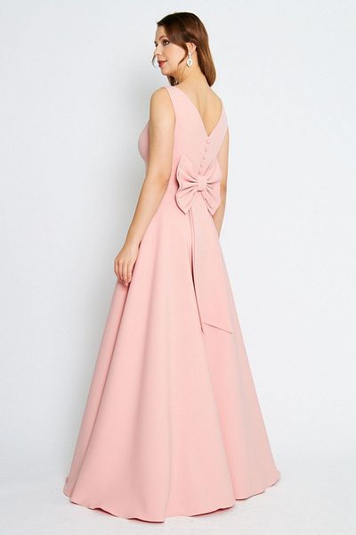 Bidoluelbise Women's Back Bow Ornamental Buttoned V-Neck Maxi Flared Powder Evening Dress
