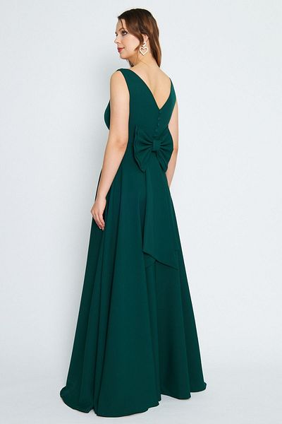 Bidoluelbise Women's Back Bow Ornamental Buttoned V-Neck Maxi Flared Emerald Evening Dress