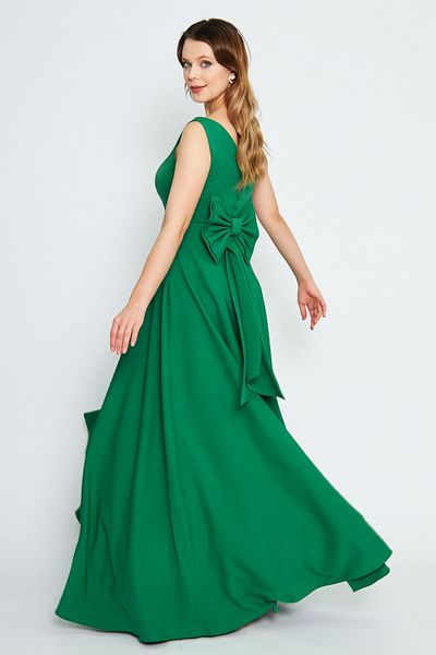 Bidoluelbise Women's Back Bow Ornamental Buttoned V-Neck Maxi Flared Grass Green Evening Dress