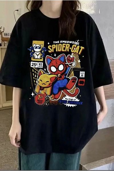 Gofeel Harajuku Spider Cat Detailed Unisex Oversize T-shirt