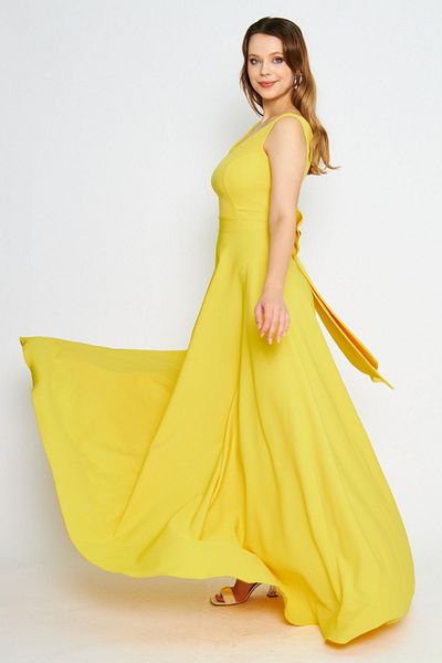 Bidoluelbise Women's Back Bow Ornamental Buttoned V-Neck Maxi Flared Yellow Evening Dress