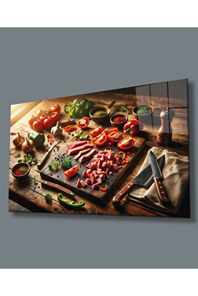 Genel Markalar Kesme Tahtası Et Görseli Ocak Arkası Koruyucu Modern Cam Yapay...