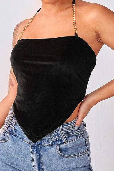 World Fashion Trends Crop flexibil din catifea cu curea cu lanț