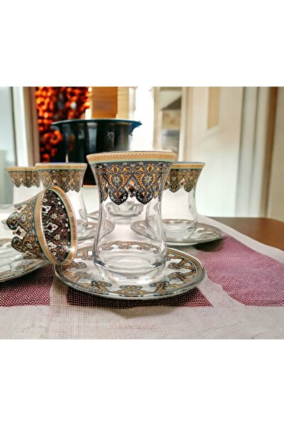 Shopiolog Altın İşlemeli 6 Kişilik 12 Parça Cam Çay Takımı Gold patterned 12 ...