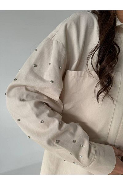 Laluvia Steinfarbenes Gabardine-Hemd aus 100 % Baumwolle mit Ärmeln und Steindetails