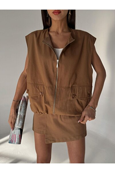 Laluvia Brown 100% Cotton Zippered Gabardine Vest