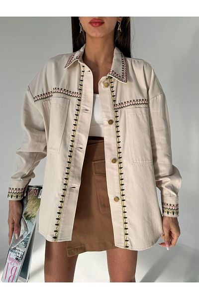 Laluvia Steinfarbenes, besticktes Gabardine-Hemd aus 100 % Baumwolle