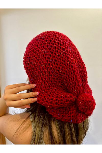 alsaccessories Women's Red Color Pompom Detailed Hand Knitted Hair Cap, Hat, Hair Accessory