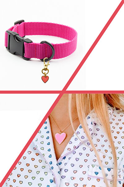 Petella Köpek Boyun Tasması Köpek Tasması Büyük Irk Köpek Boyun Tasma Aksesuarı Kalpli Kolye Seti Pembe