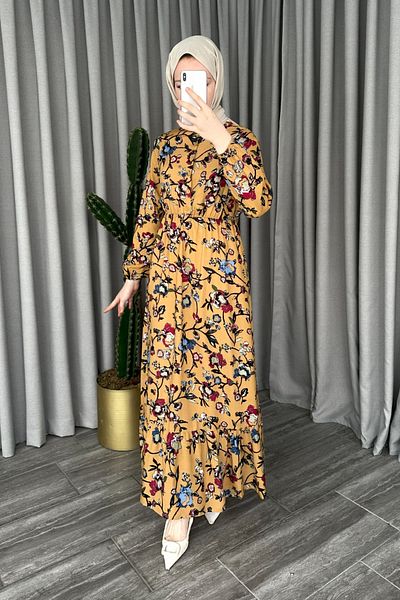ModaAycan Patterned Viscose Mustard Dress - Half Buttoned, MA105