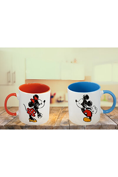 GünayStore MİCKEY & MİNNİE MOUSE BASKILI İÇİ VE KULBU RENKLİ SEVGİLİ KUPA SET