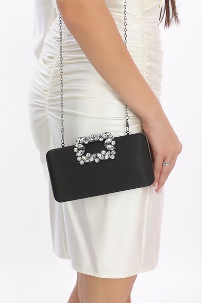 womenacs Țesătură din satin de culoare neagră, cu motiv de flori, rochie de seară cu mână și curea de piatră, portofoliu, geantă de seară