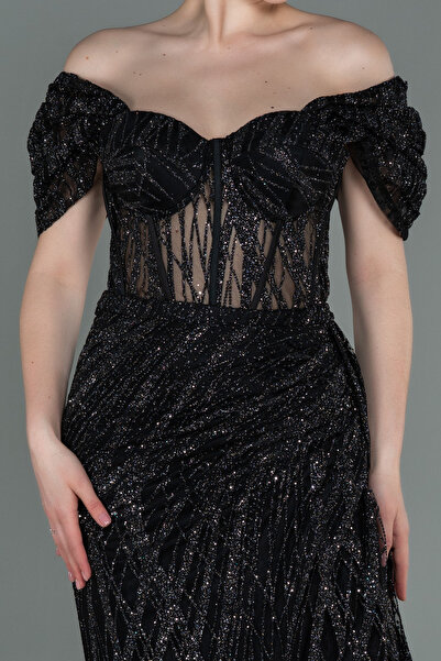 Abiyefon Siyah Kayık Yaka Yırtmaçlı Uzun Simli Abiye Abu2706